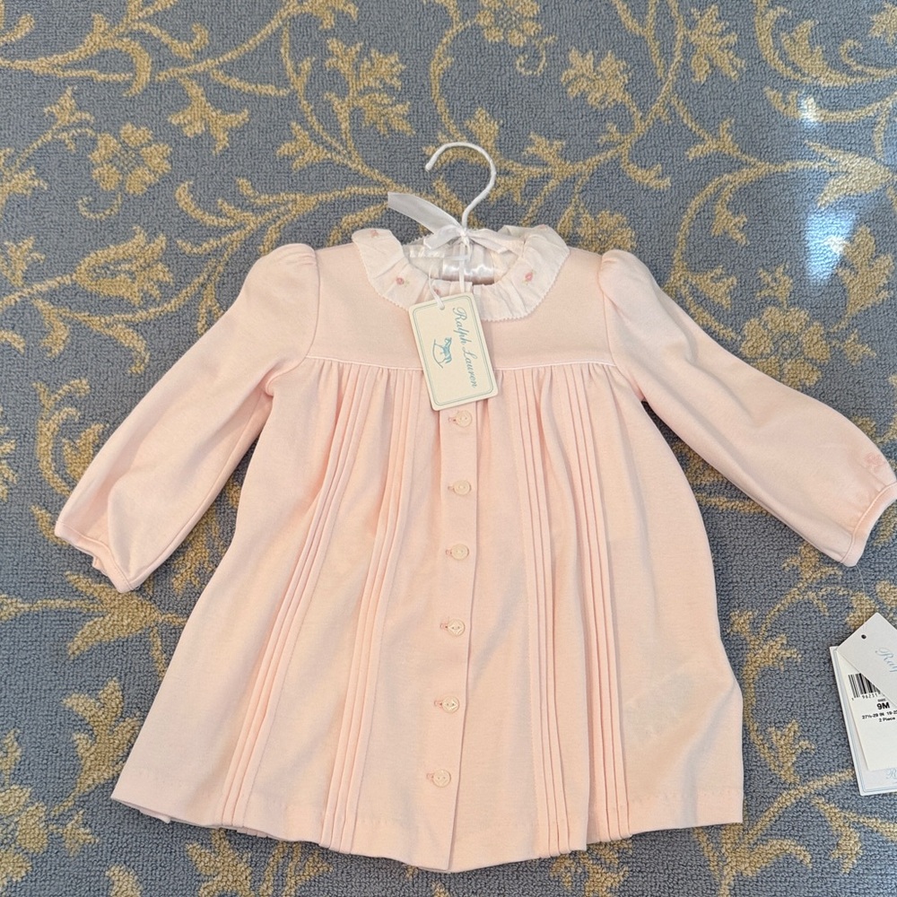 Ralph Lauren Baby Pink Pleated Baby Dress with Peter Pan Collar